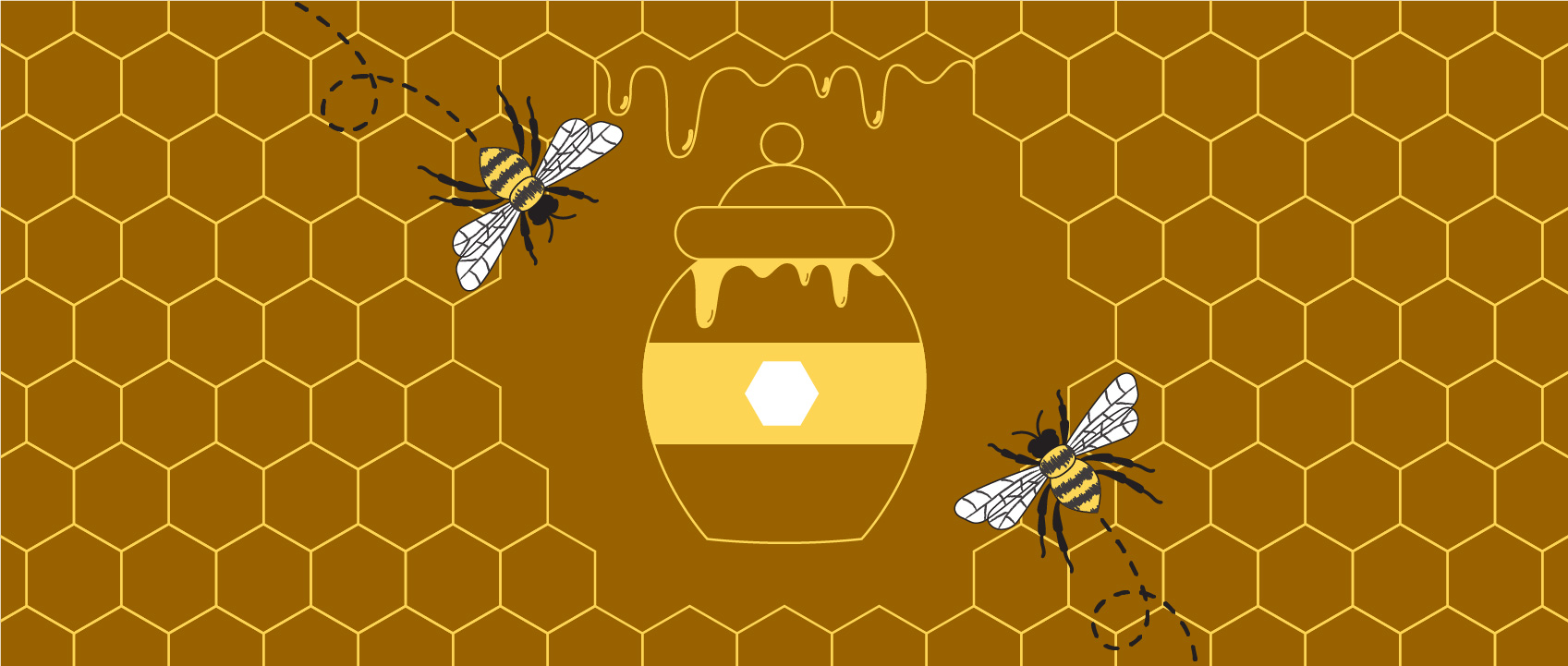 illustration of honeycomb, two bees with beelines, a bottle of honey and drips of honey