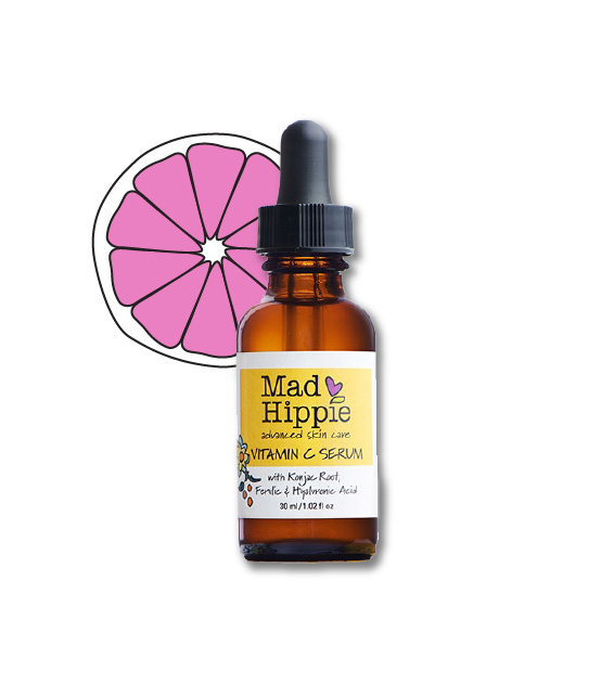 a bottle of vitamin c serum by mad hippie with illustration of grapefruit