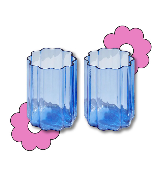 two wave glasses in blue by fazeek with illustration of flowers