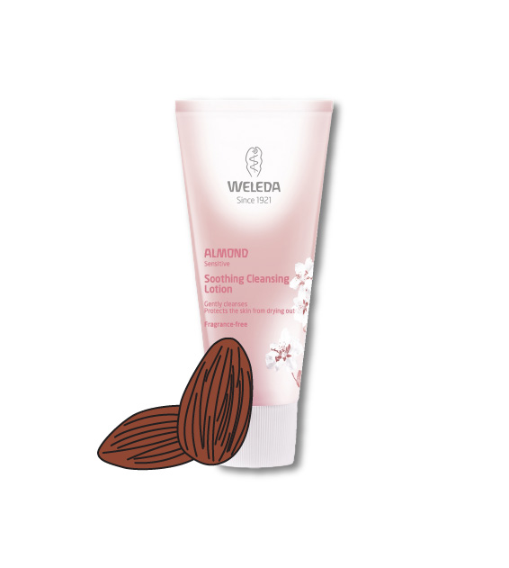 a tube of almond soothing cleansing lotion by weleda with illustration of almonds