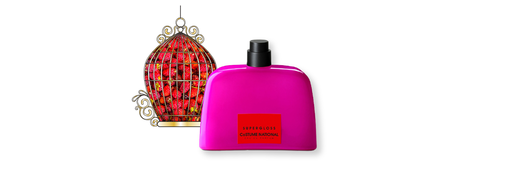 bottle of supergloss by costume national with a photo of red berries behind a gold cage