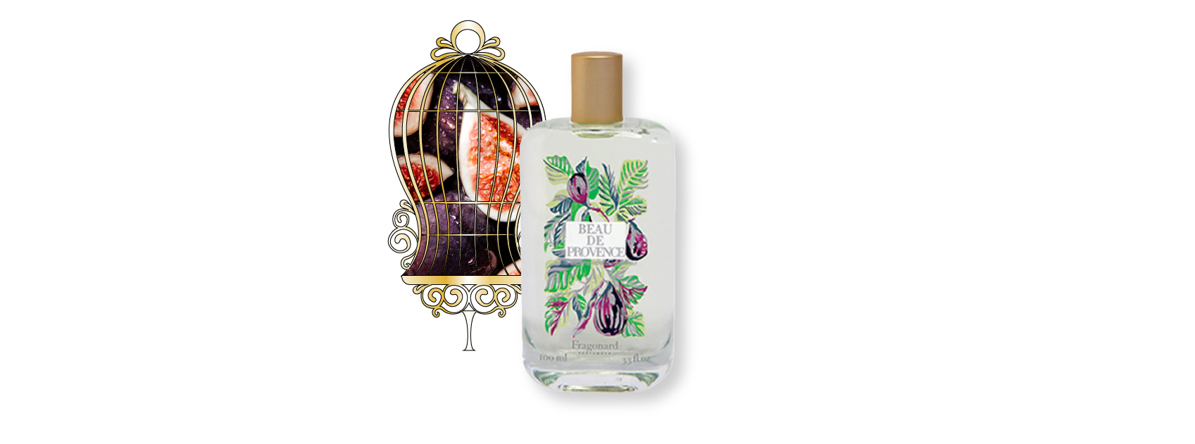 bottle of beau de provence by fragonard with a photo of figs behind a gold cage