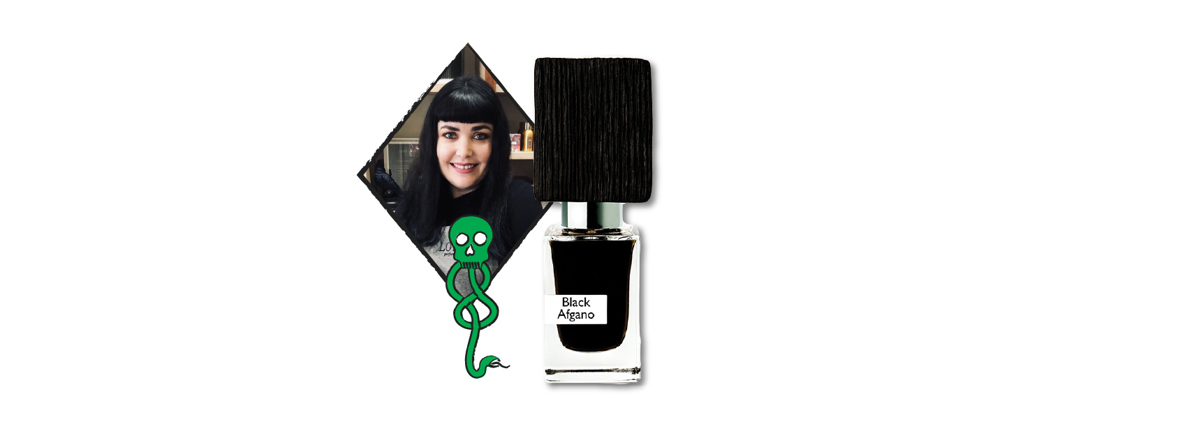 bottle of black afgano by nasomatto and photo of jade from the lore team with an illustration of the dark mark from harry potter