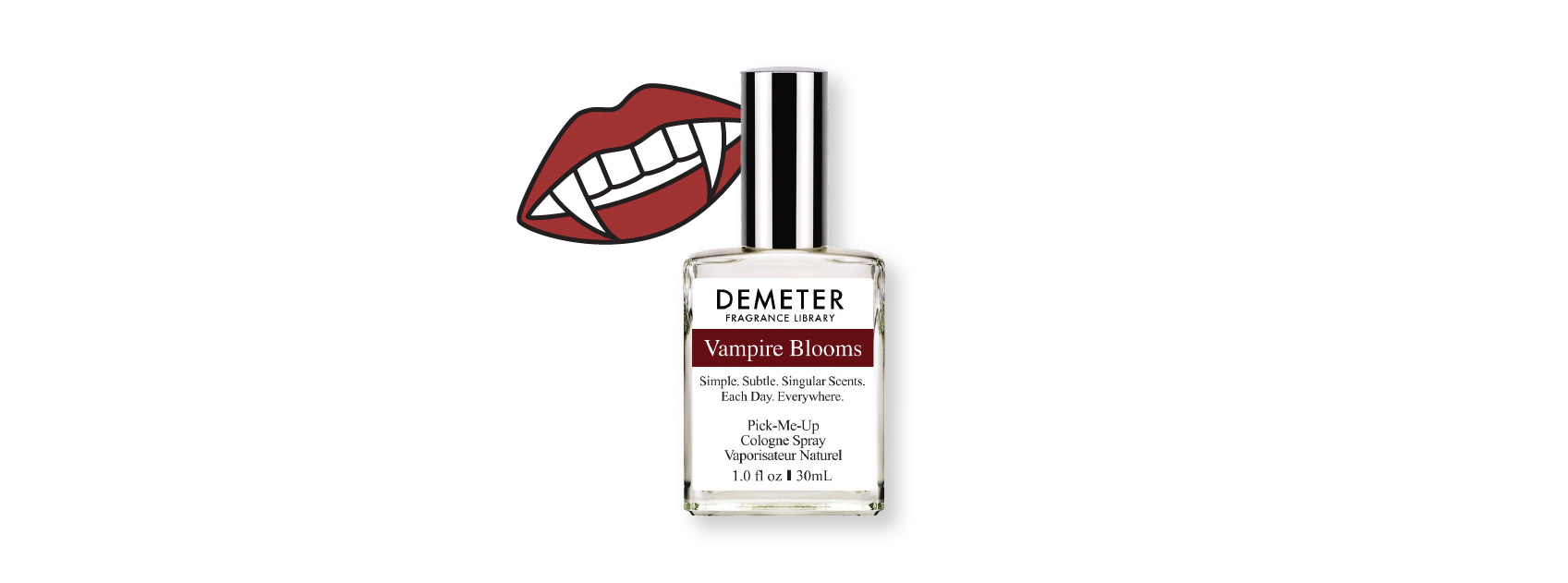 bottle of vampire blooms by demeter with a illustration of vampire fangs