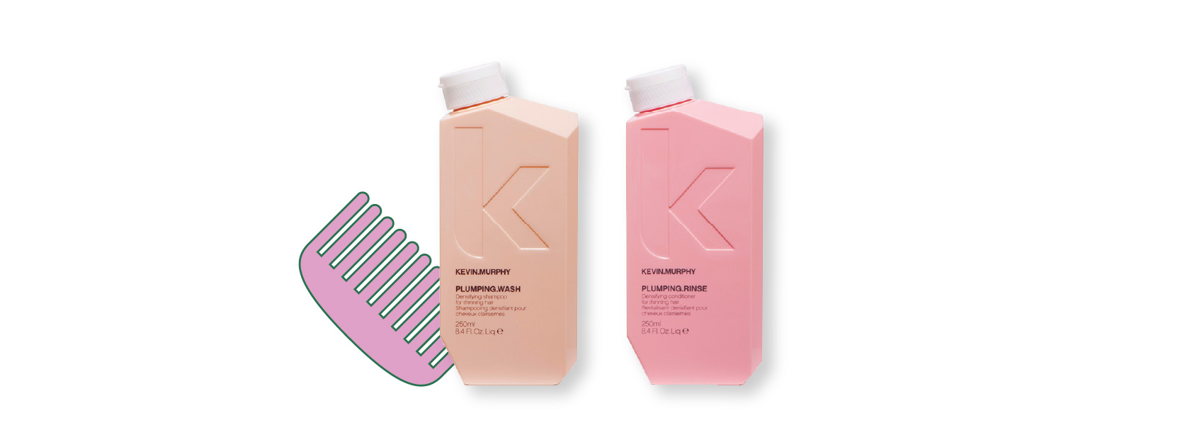 bottles of plumping wash and plumping rinse by kevin murphy with an illustration of a comb