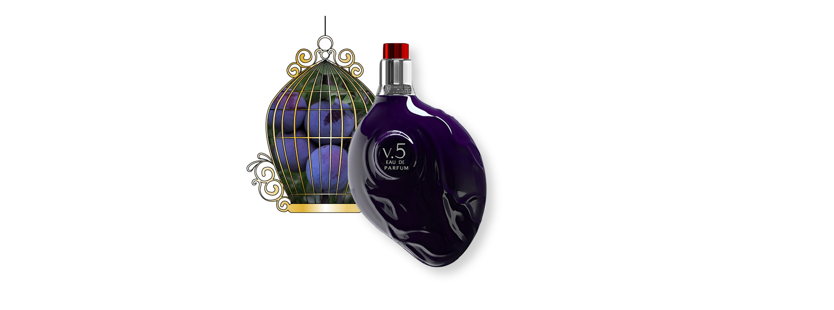 bottle of purple heart v5 by map of the heart with a photo of plums behind a gold cage