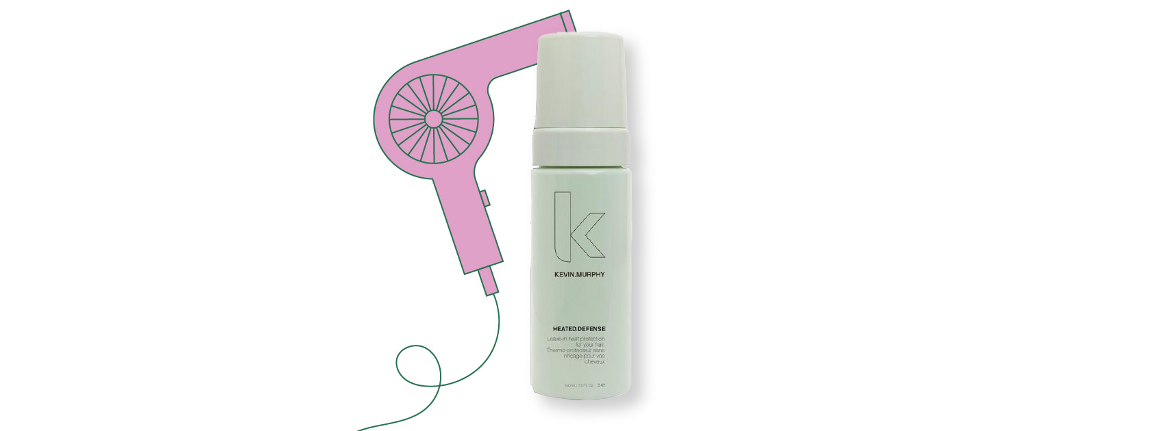 bottle of heated defense by kevin murphy with an illustration of hairdryer