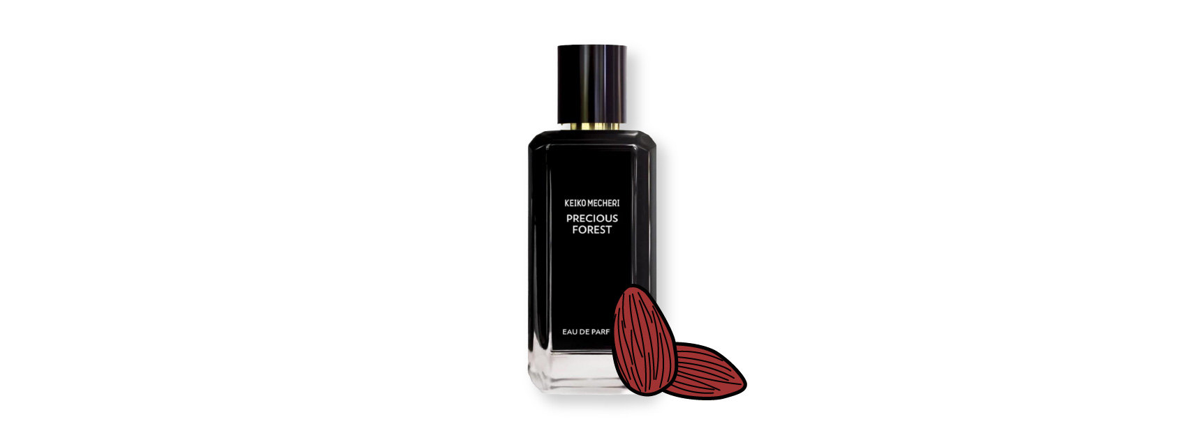 bottle of precious forest by keiko mecheri with an illustration of almonds