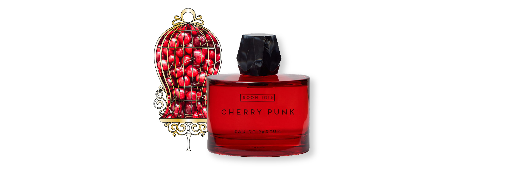 bottle of cherry punk by room 1015 with a photo of cherries behind a gold cage