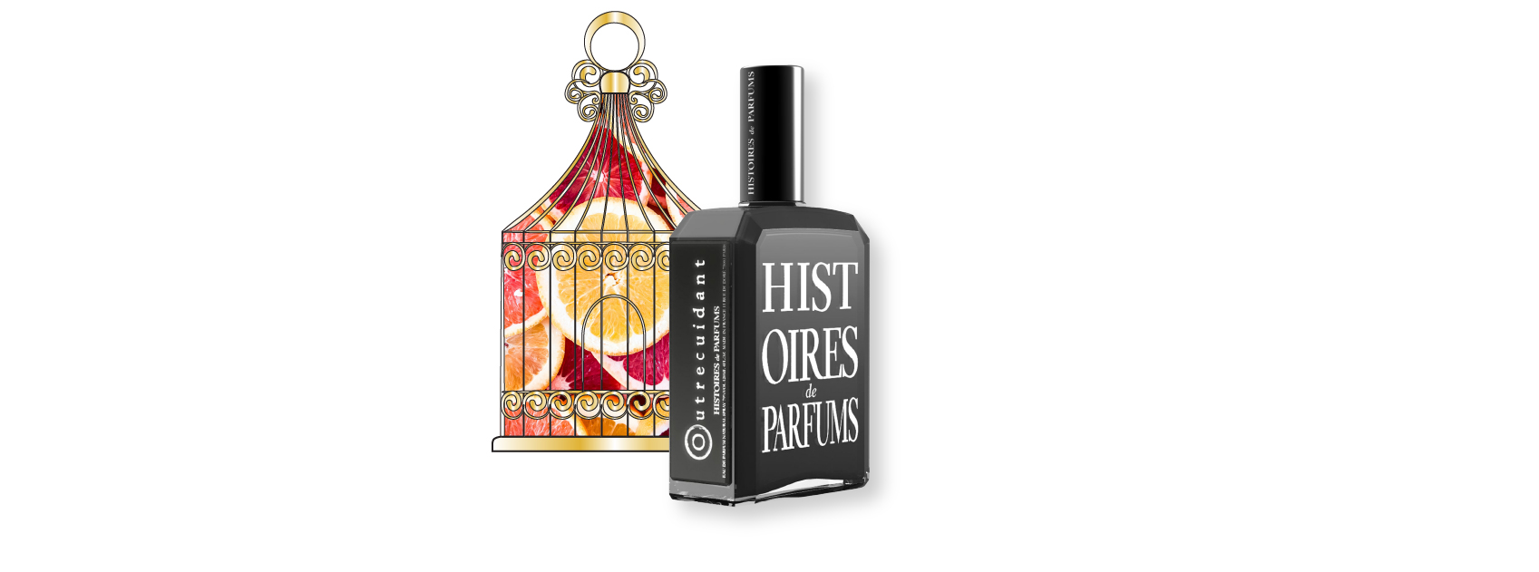 botte of outrecuidant by histoires de parfumes with a photo of grapefruit behind a golden cage
