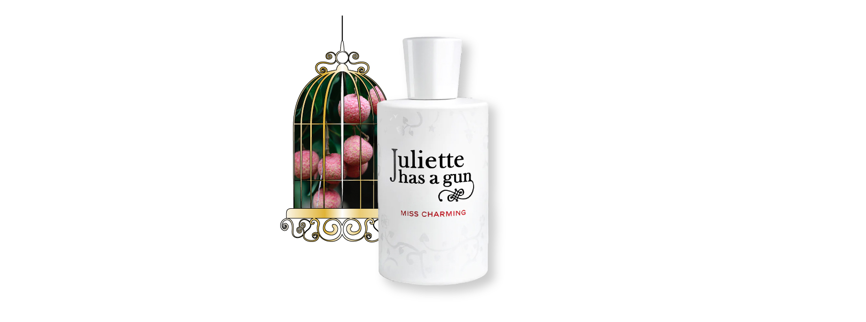 bottle of miss charming by juliette has a gun with a photo of lychees behind a golden cage