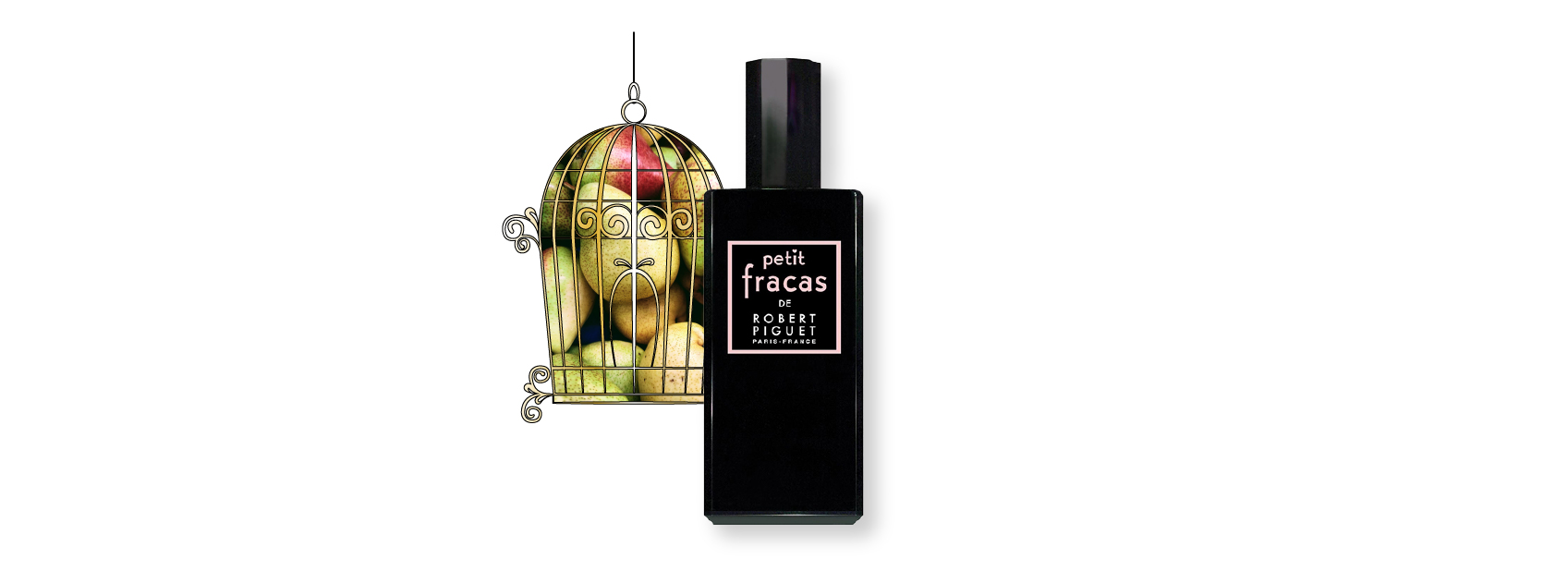 bottle of petit fracas by robert piguet with a photo of pears behind a gold cage