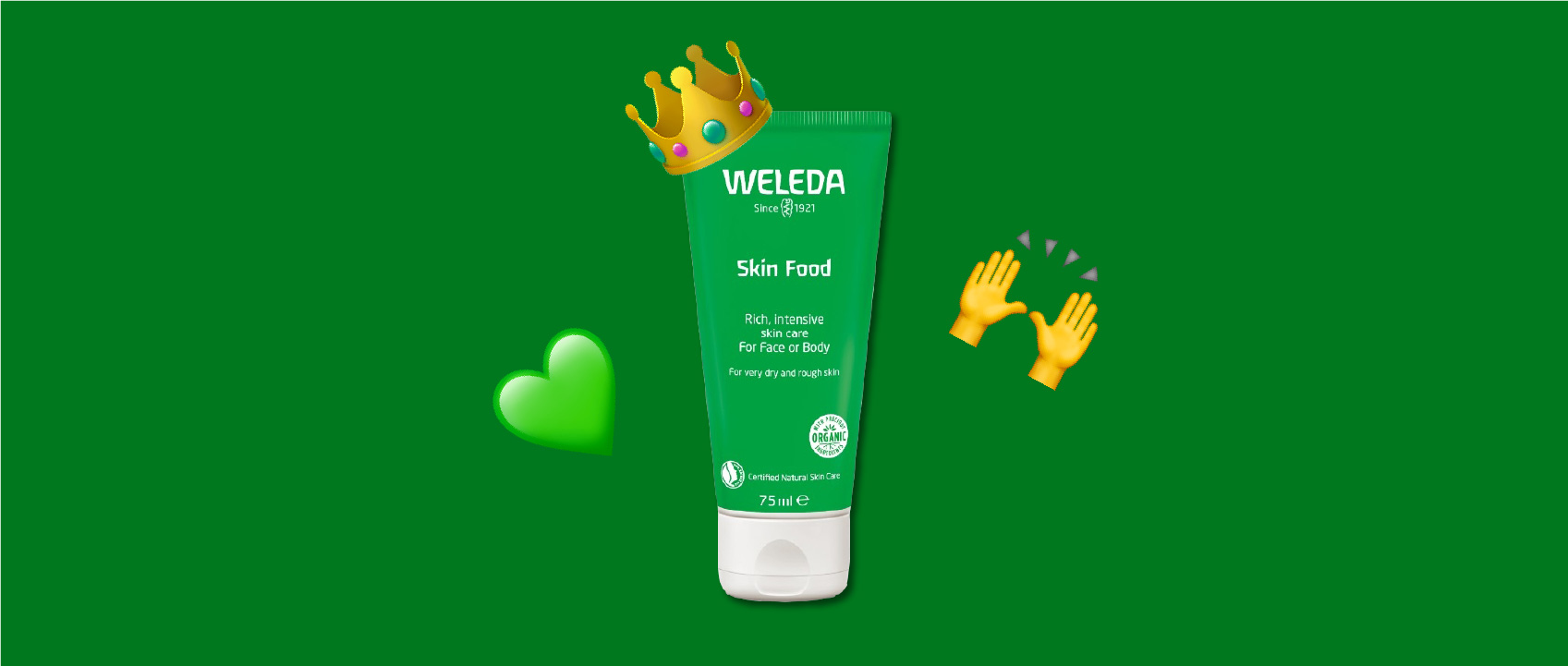bottle of skin food by weleda with emojis of a crown, a green heart and raising hands