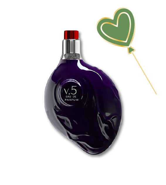 bottle of v5 purple heart of valour by map of the heart with illustration of sweets