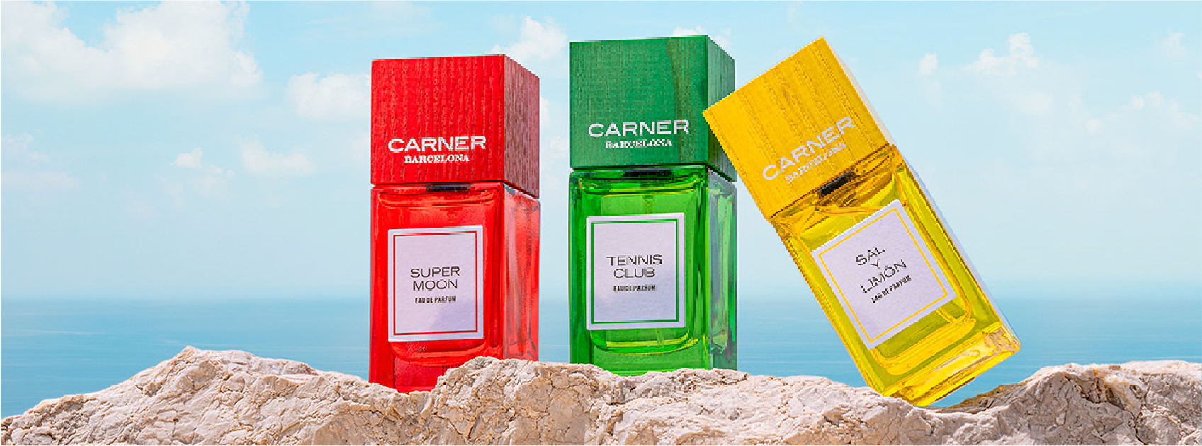 three bottles of fragrances - super moon, tennis club, sal l limon from the summer series by carner barcelona
