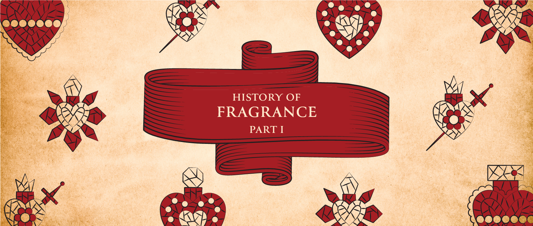 history of fragrance part 1 on parchment with illustrations of heart perfume bottles
