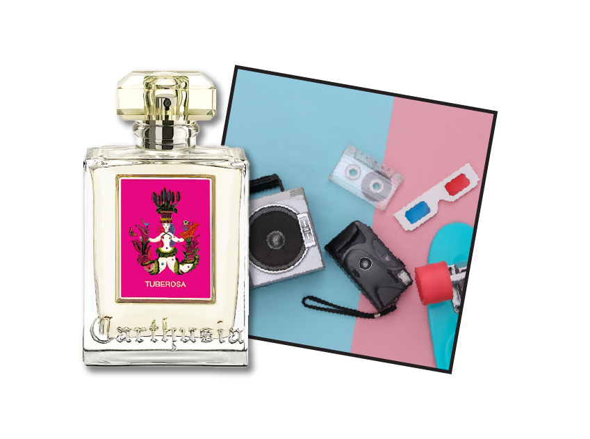 bottle of tuberosa by cathusia with a photo of 80s aesthetic with a boombox, camera, cassette tape, 3d glasses and skateboard