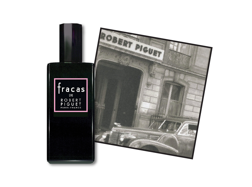 bottle of fracas by robert piguet with a photo of their atelier