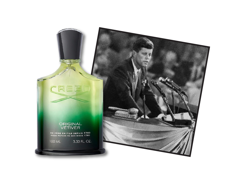 bottle of original vetiver by creed with a photo of john f kennedy jfk from the 50s