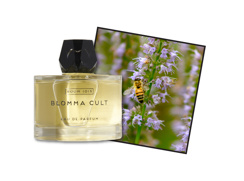 a bottle of blomma cult by room 1015 with a photo of patchouli with a bee