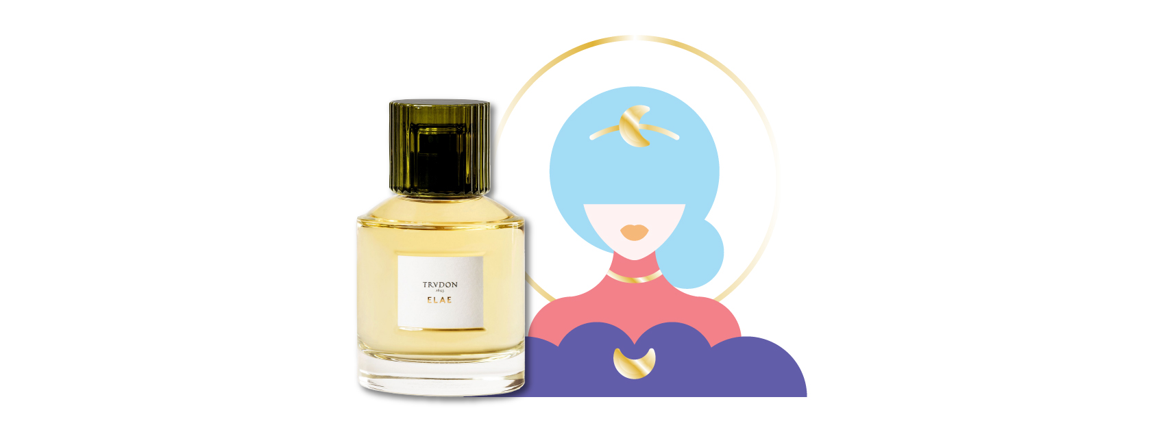 bottle of elae perfume by trudon with an illustration of diana the goddess