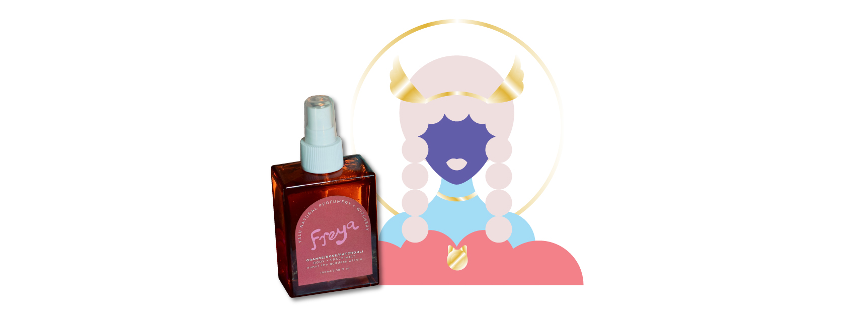 bottle of freya mist by yalu with an illustration of freya the goddess