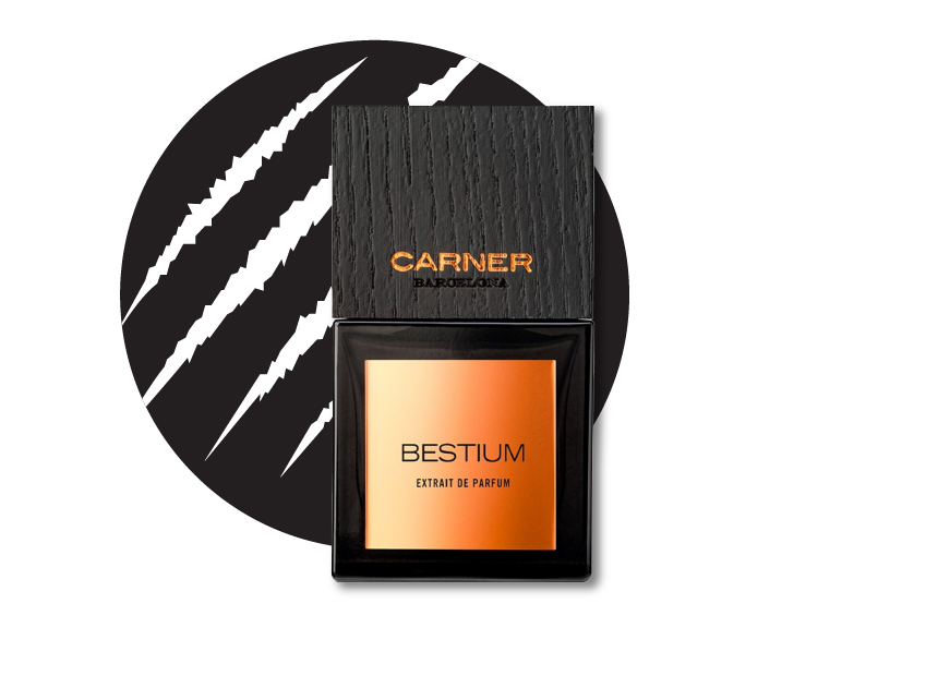 a bottle of bestium perfume by carner barcelona with a photo of a claw scratch