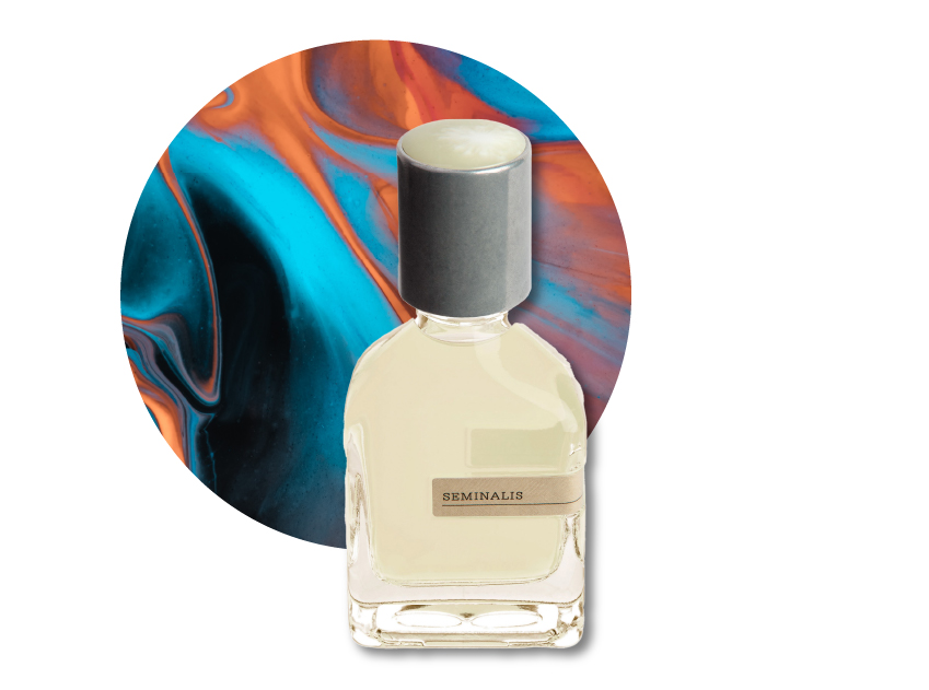 a bottle of seminalis perfume by orto parisi with an abstract pattern