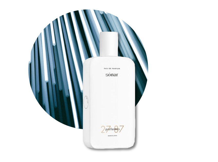 a bottle of sonar by 2787 perfume with a photo of beams of light