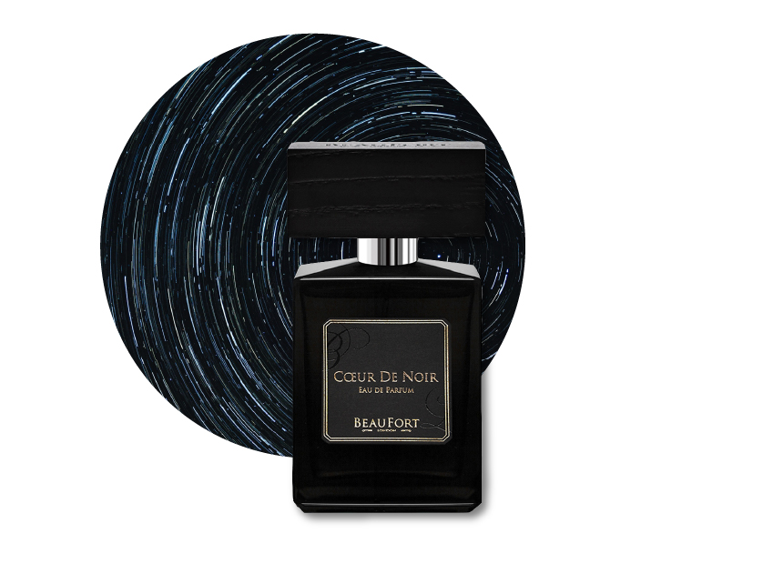 a bottle of coeur de noir perfume by beaufort london with an abstract pattern