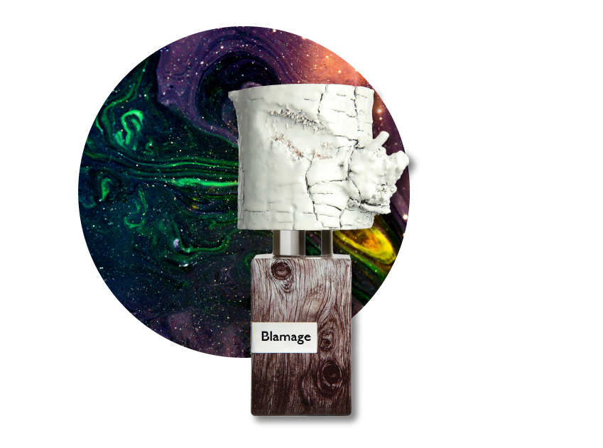 a bottle of blamage perfume by nasomatto with an abstract pattern