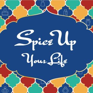middle eastern style pattern with perfume bottles and text spice up your life