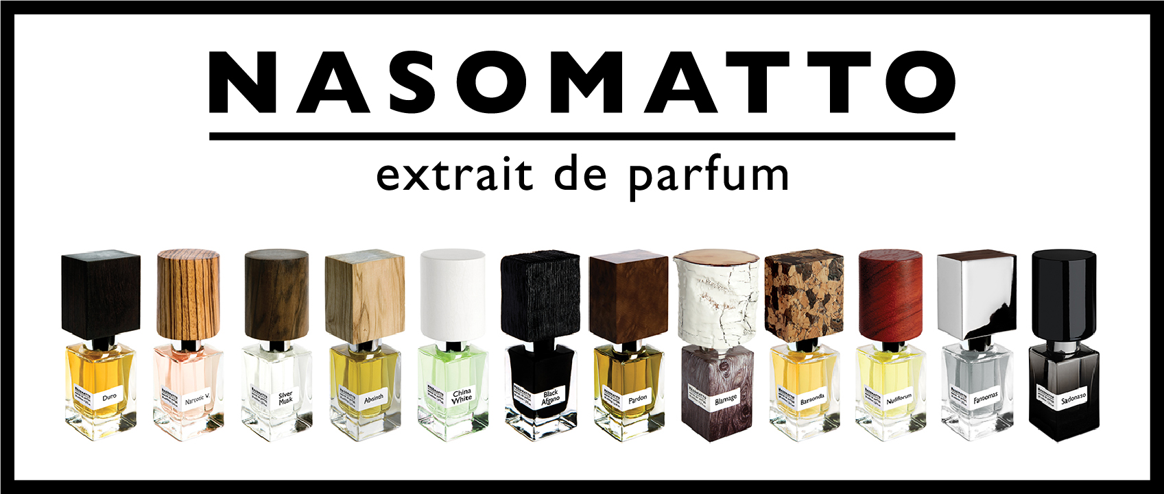 nasomatto logo with photos of the range of parfums