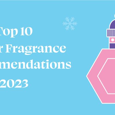 top 10 winter fragrance recommendations with a perfume bottle wearing a beanie and a scarf and snowflakes