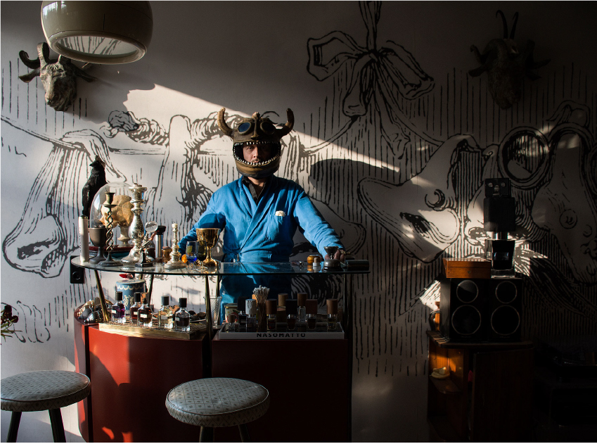 photo of alessandro gualitieri the nose from nasomatto with horned head gear with the nasomatto perfume range