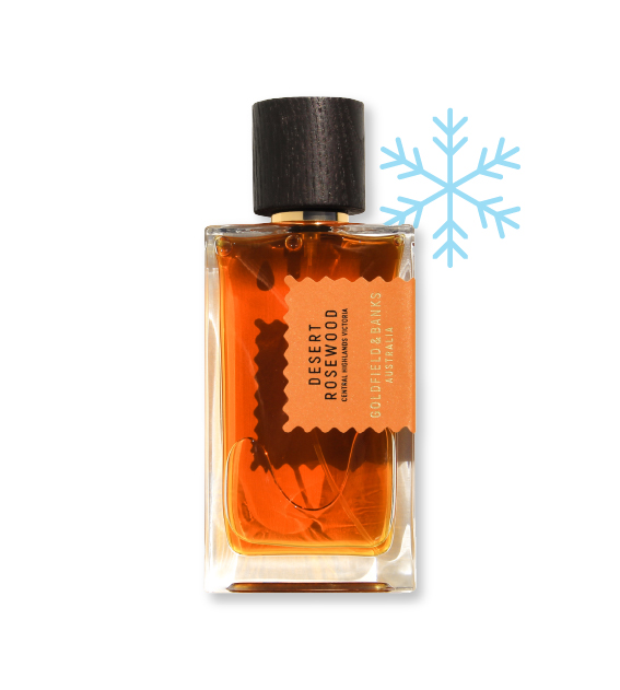 bottle of desert rosewood by goldfield and banks with a snowflake