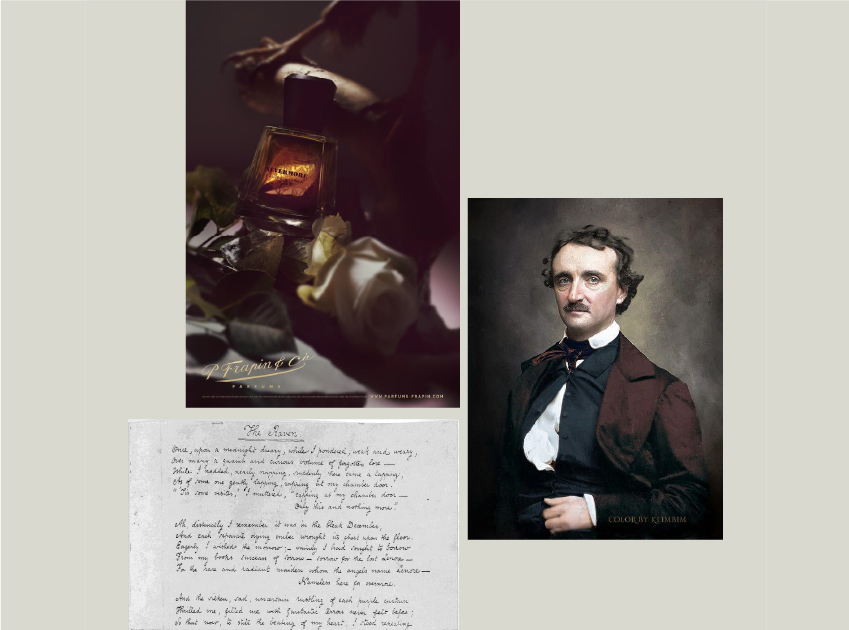 nevermore by p frapin and cie with a portrait of edgar allan poe and handwritten letter
