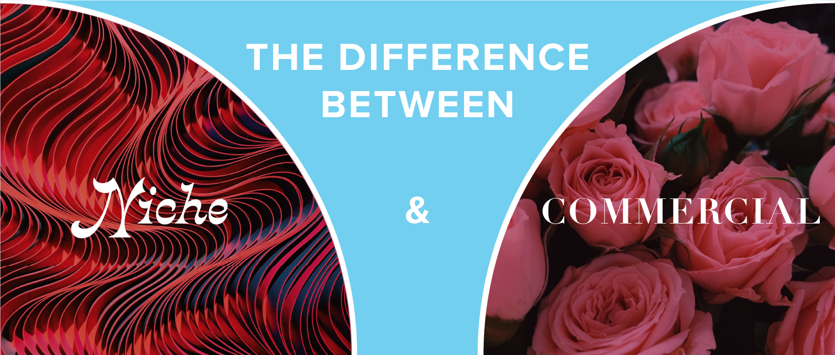 difference between niche and commercial perfume with an abstract photo of waves and a photo of roses