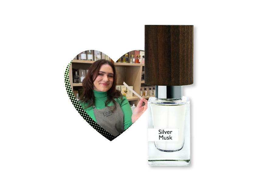 a bottle of silver musk by nasomatto with laura from lore in a heart